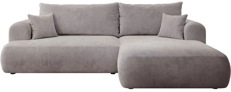 Ecksofa mit Schlafunktion Ovo Cord, L-förmig, rechtsseitig, mit Stauraum, hellgrauer Cordstoff