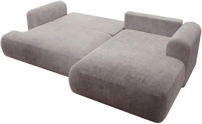 Ecksofa mit Schlafunktion Ovo Cord, L-förmig, rechtsseitig, mit Stauraum, hellgrauer Cordstoff
