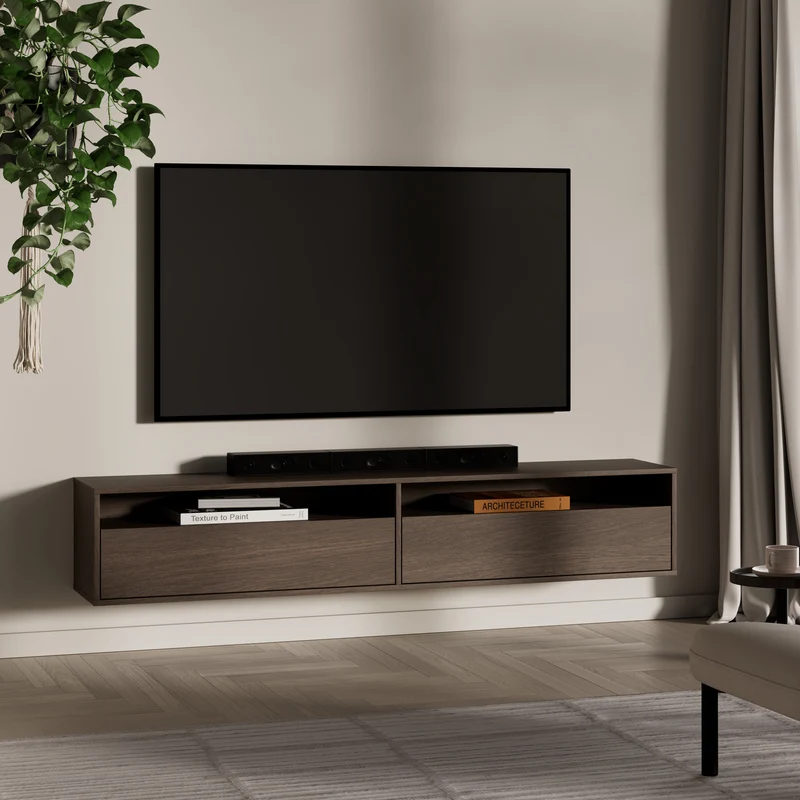 Hängender TV-Schrank Heggers mit zwei Klappen und Fächern, 180 cm, Eiche Dunin