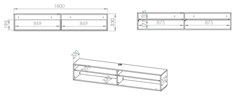 Hängender TV-Schrank Heggers mit zwei Klappen und Fächern, 180 cm, Eiche Dunin