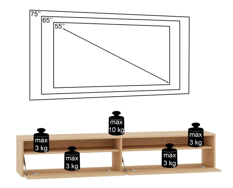 Hängender TV-Schrank Heggers mit zwei Klappen und Fächern, 180 cm, Eiche Dunin