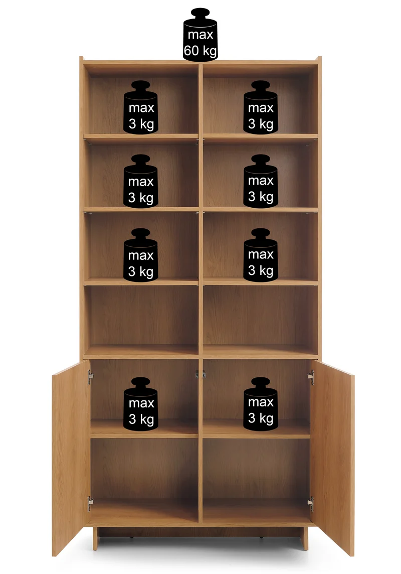 Zweittüriges Regal Yasumi mit Regalböden, 98 cm, Karamelleiche