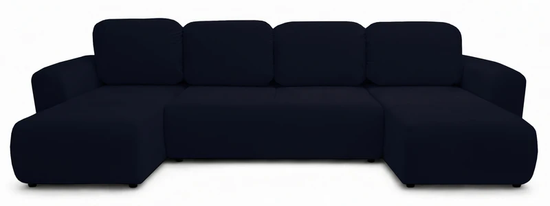 U-förmiges Ecksofa Olido mit Schlaffunktion, universell, mit Stauraum, marineblauer hydrophober Samtstoff
