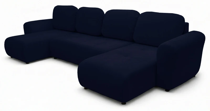U-förmiges Ecksofa Olido mit Schlaffunktion, universell, mit Stauraum, marineblauer hydrophober Samtstoff