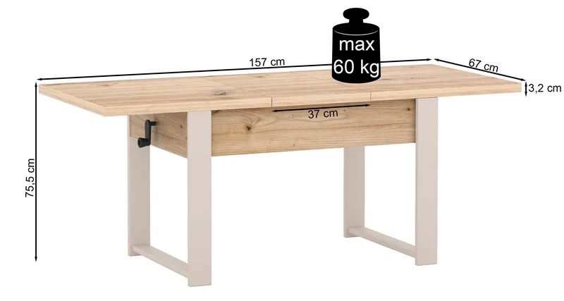 Ausziehbarer Couchtisch Hugo 120(157)x67 cm Eiche Bookmatch mit schwarzen Beinen