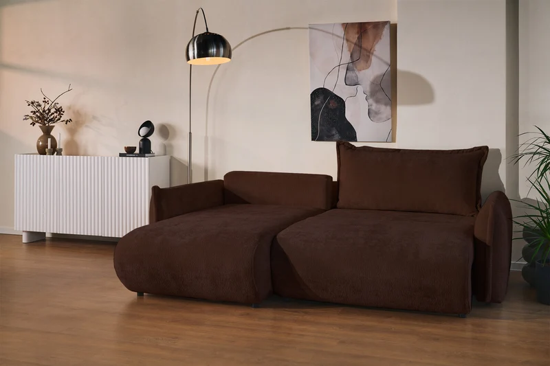 Ecksofa mit Schlaffunktion Cushi, L-förmig, linksseitig, mit Stauraum, brauner Chenille-Bezug