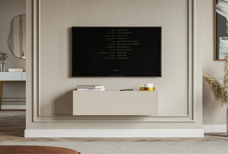 Hängender Veldio TV-Schrank mit einer Tür, gerillter Front, 100 cm, grau-beige
