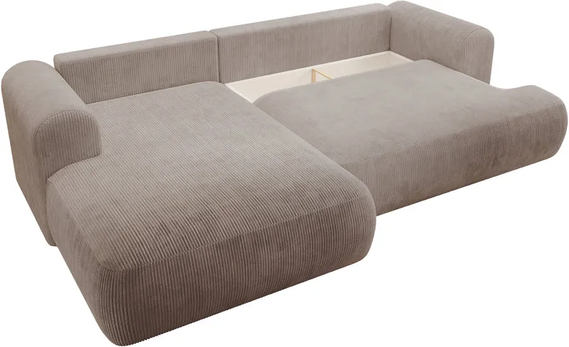 Ecksofa mit Schlaffunktion Ovo Cord, L-förmig, linksseitig, mit Stauraum, beige Cordstoff