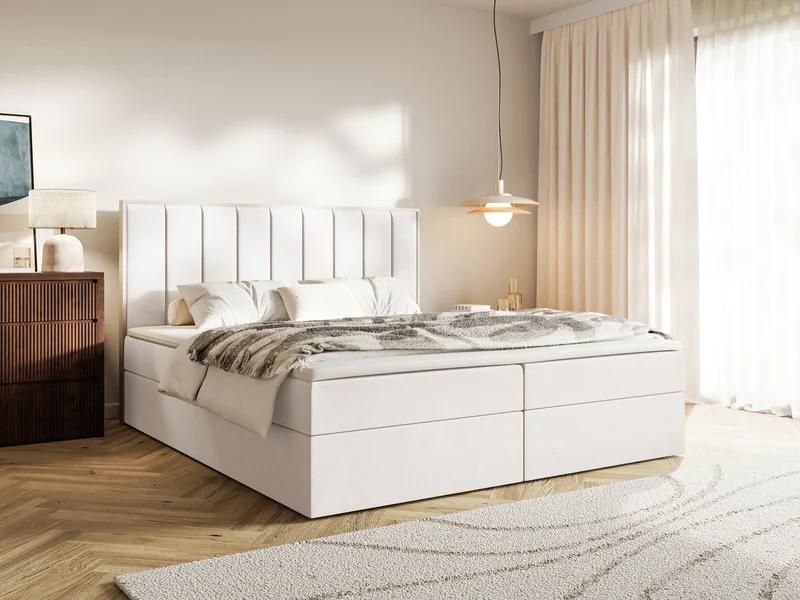 Kontinentales Bett 180x200 cm Togents mit Stauraum und Topper, cremefarbener Velours, wasserabweisend