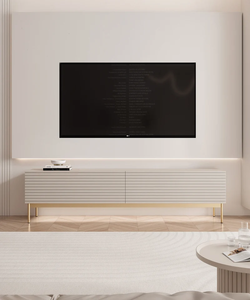 TV-Schrank Linearis mit zwei klappbaren Fächern und LED-Beleuchtung, 175 cm, Kaschmir auf goldenen Füßen