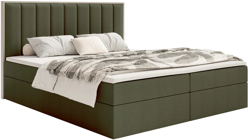 Kontinentales Bett 140x200 cm Togents mit Stauraum und Topper, dunkelgrüner hydrophober Chenillebezug