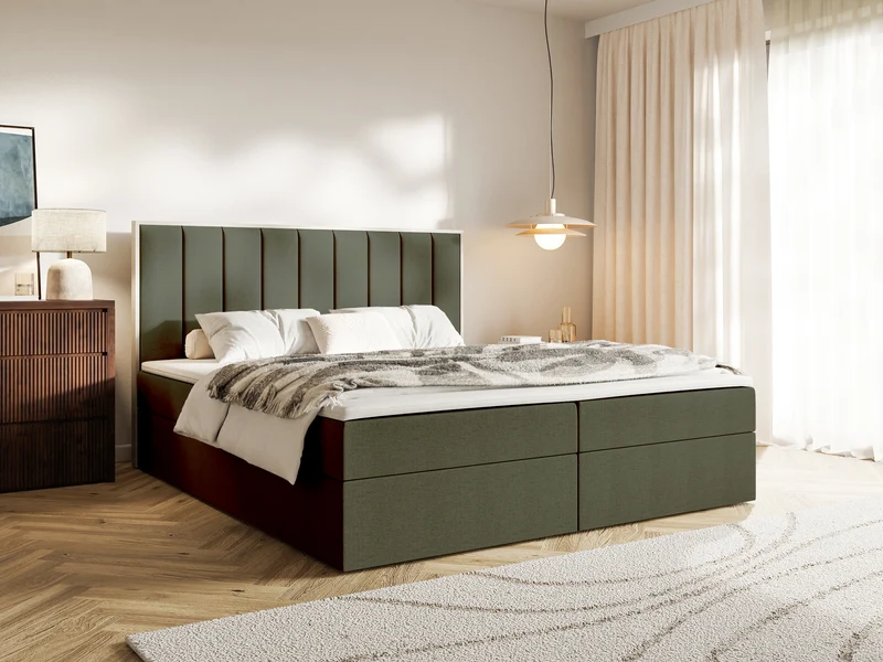 Kontinentales Bett 140x200 cm Togents mit Stauraum und Topper, dunkelgrüner hydrophober Chenillebezug
