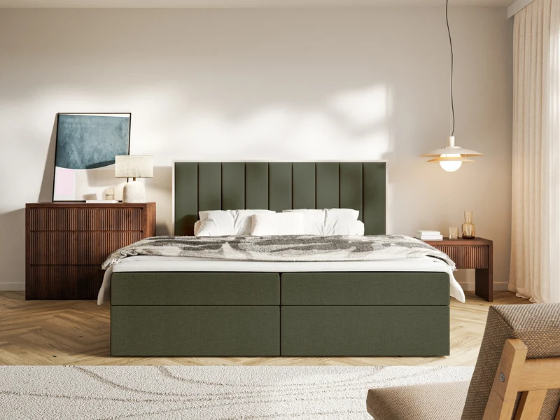Kontinentales Bett 140x200 cm Togents mit Stauraum und Topper, dunkelgrüner hydrophober Chenillebezug