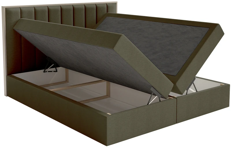 Kontinentales Bett 140x200 cm Togents mit Stauraum und Topper, dunkelgrüner hydrophober Chenillebezug