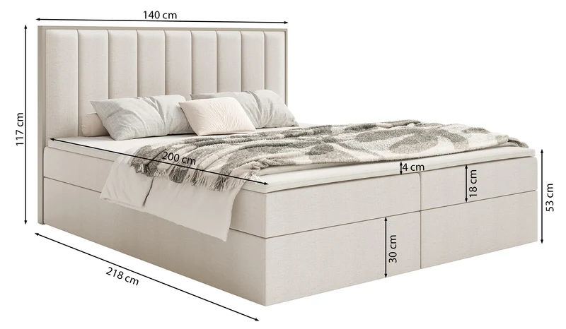Kontinentales Bett 140x200 cm Togents mit Stauraum und Topper, grau-beige Chenille, wasserabweisend