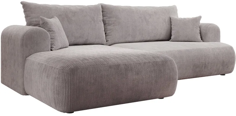 Ecksofa mit Schlaffunktion Ovo Cord, L-förmig, linksseitig, mit Stauraum, hellgrauer Cordstoff