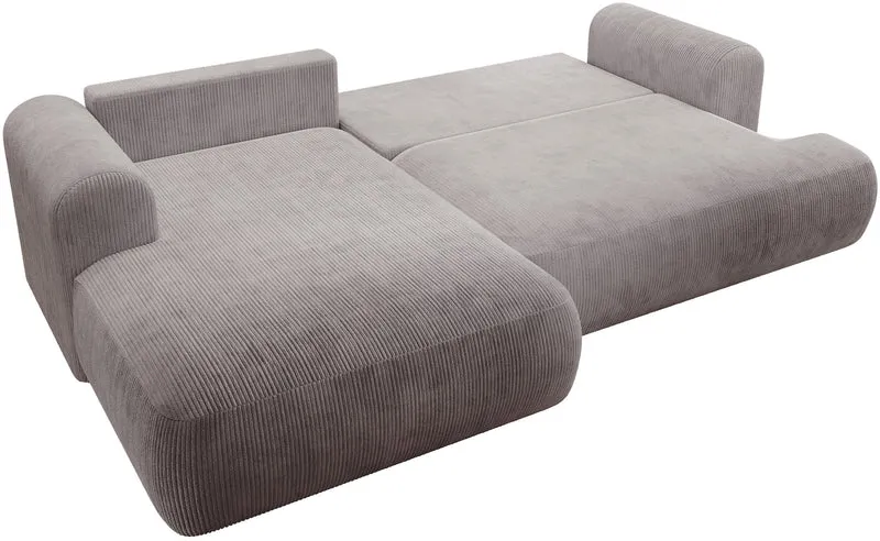 Ecksofa mit Schlaffunktion Ovo Cord, L-förmig, linksseitig, mit Stauraum, hellgrauer Cordstoff