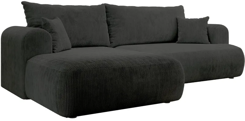 Ecksofa mit Schlaffunktion Ovo Cord, L-förmig, linksseitig, mit Stauraum, dunkelgrauer Cordstoff
