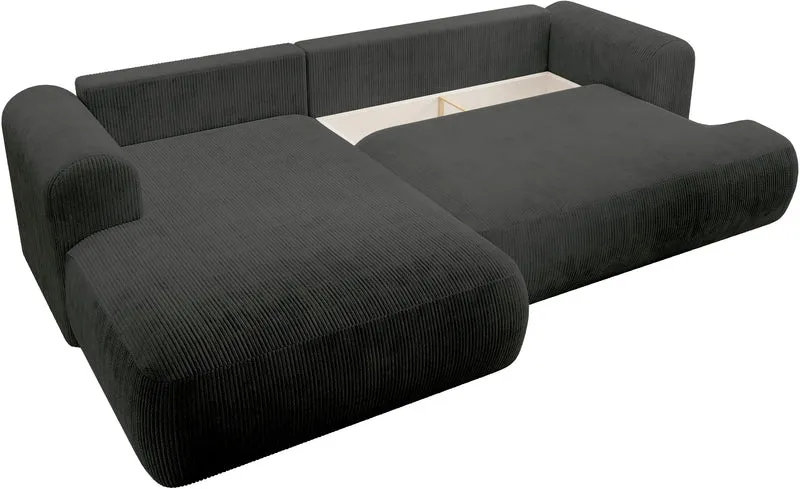 Ecksofa mit Schlaffunktion Ovo Cord, L-förmig, linksseitig, mit Stauraum, dunkelgrauer Cordstoff