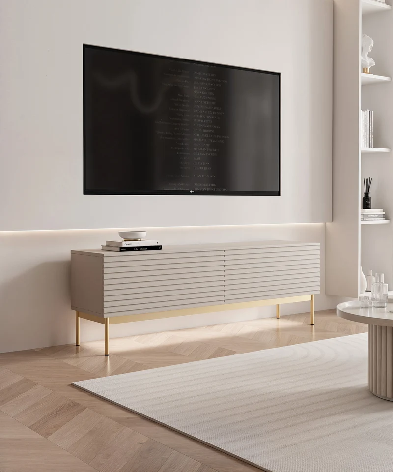 TV-Schrank Linearis mit zwei klappbaren Fächern und LED-Beleuchtung, 139 cm, Kaschmir auf goldenen Beinen