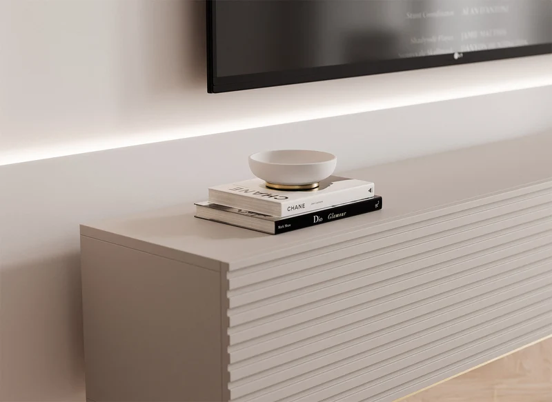 TV-Schrank Linearis mit zwei klappbaren Fächern und LED-Beleuchtung, 139 cm, Kaschmir auf goldenen Beinen