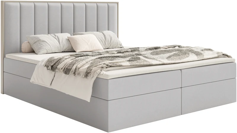 Kontinentales Bett 140x200 cm Togents mit Stauraum und Topper, hellgrauer Velours, wasserabweisend