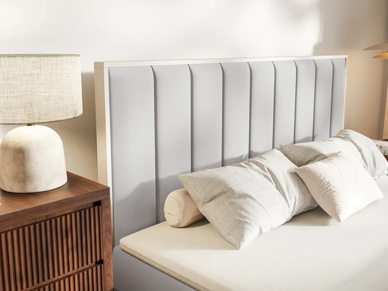Kontinentales Bett 140x200 cm Togents mit Stauraum und Topper, hellgrauer Velours, wasserabweisend