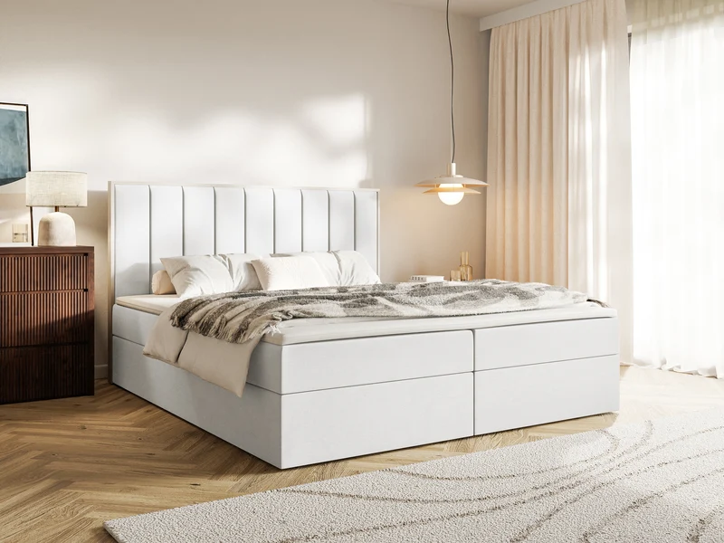 Kontinentales Bett 160x200 cm Togents mit Stauraum und Topper, weißer hydrophober Samt
