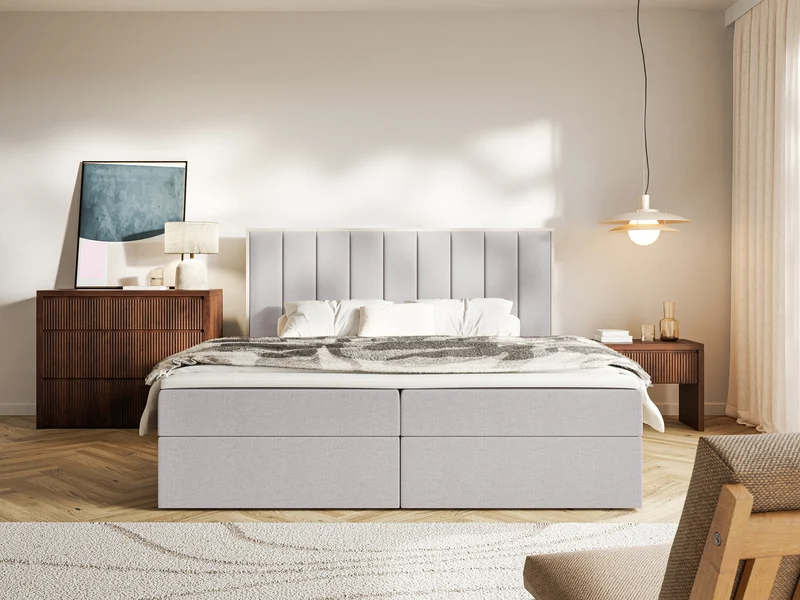 Kontinentalbett 140x200 cm Togents mit Stauraum und Topper, grauer hydrophober Chenillestoff