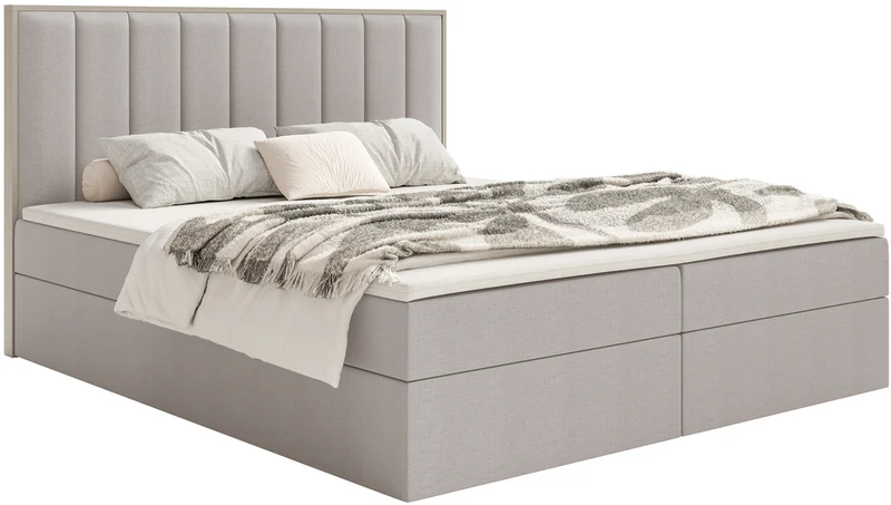 Kontinentalbett 180x200 cm Togents mit Stauraum und Topper, hellgraubeiger hydrophober Chenillestoff