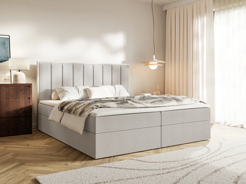 Kontinentalbett 180x200 cm Togents mit Stauraum und Topper, hellgraubeiger hydrophober Chenillestoff