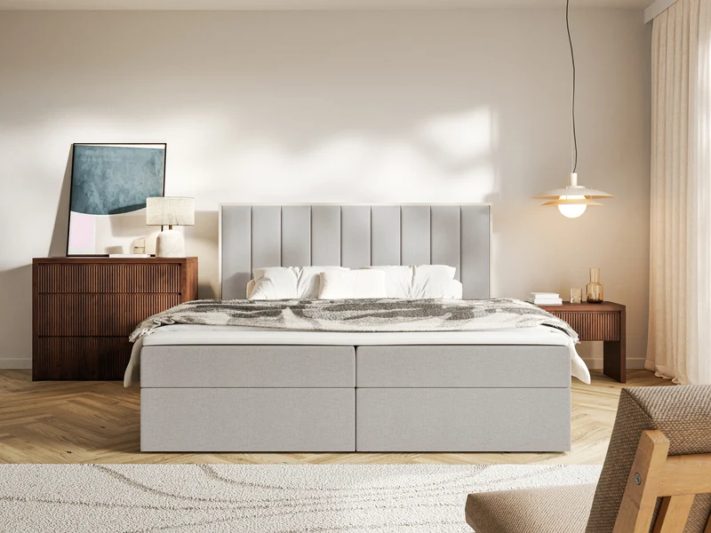 Kontinentalbett 180x200 cm Togents mit Stauraum und Topper, hellgraubeiger hydrophober Chenillestoff