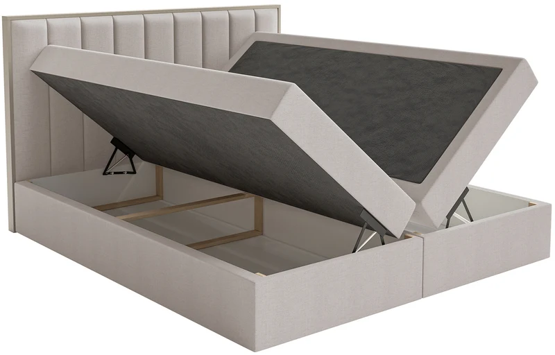 Kontinentalbett 180x200 cm Togents mit Stauraum und Topper, hellgraubeiger hydrophober Chenillestoff