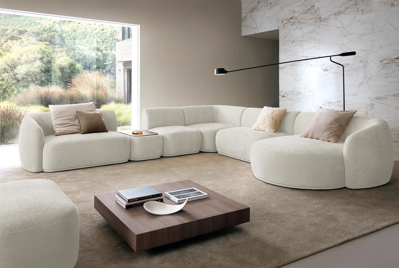 Modulares rechteckiges Pouf mit Platte Bommo, cremefarbenes Chenille