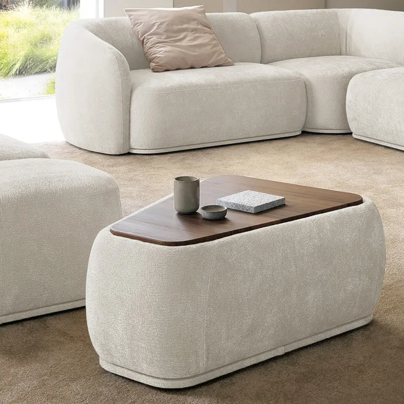 Modulares dreieckiges Hocker-Element mit Tischplatte Bommo, cremefarbenes Chenille