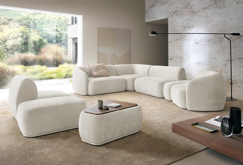 Modulares dreieckiges Hocker-Element mit Tischplatte Bommo, cremefarbenes Chenille