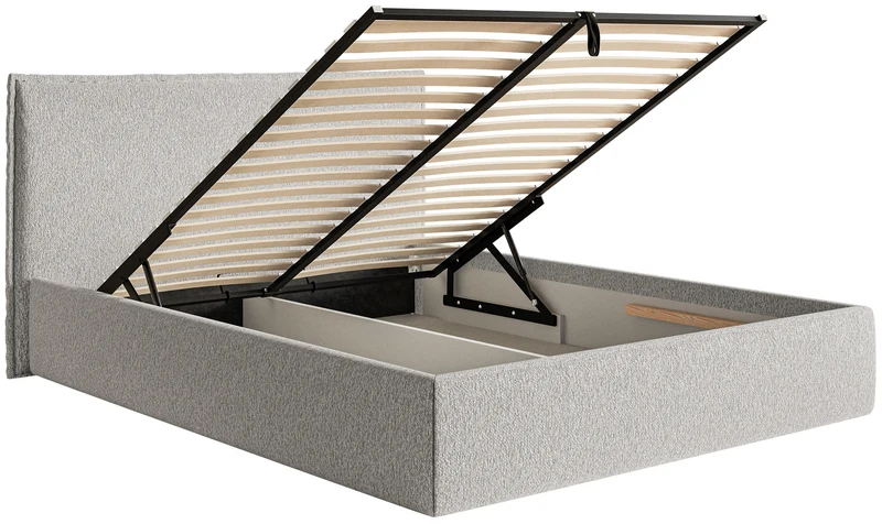 Polsterbett 180x200 cm Softie Slim mit Stauraum, hellgrauer Chenille-Stoff, Metallrahmen