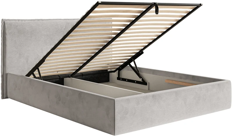 Gepolstertes Bett 160x200 cm Softie Slim mit Stauraum, hellgrauer wasserabweisender Samt, Metallrahmen