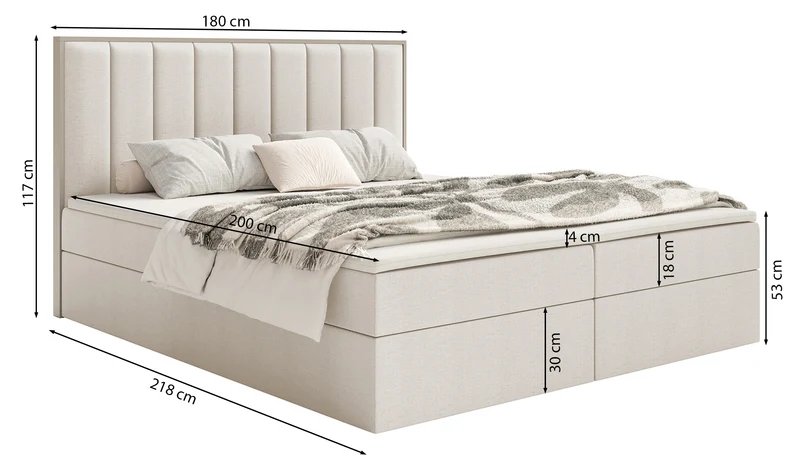 Kontinentalbett 180x200 cm Togents mit Stauraum und Topper, hellgraubeiger hydrophober Chenillestoff
