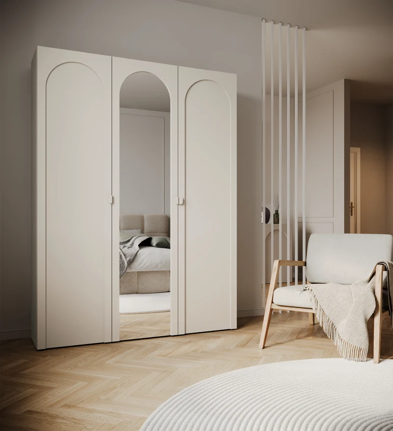 Drehtürenschrank Arkadia mit gefräster Front und Spiegel, 150 cm, Kaschmir