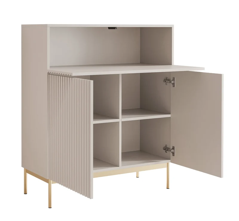Zweittürige Kommode Linearis mit klappbarem Fach und LED-Beleuchtung, 92 cm, Kaschmir auf goldenen Beinen