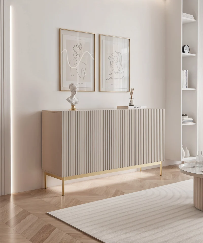 Drehtür-Kommode Linearis mit LED-Beleuchtung, 138 cm, Kaschmirfarben auf goldenen Beinen