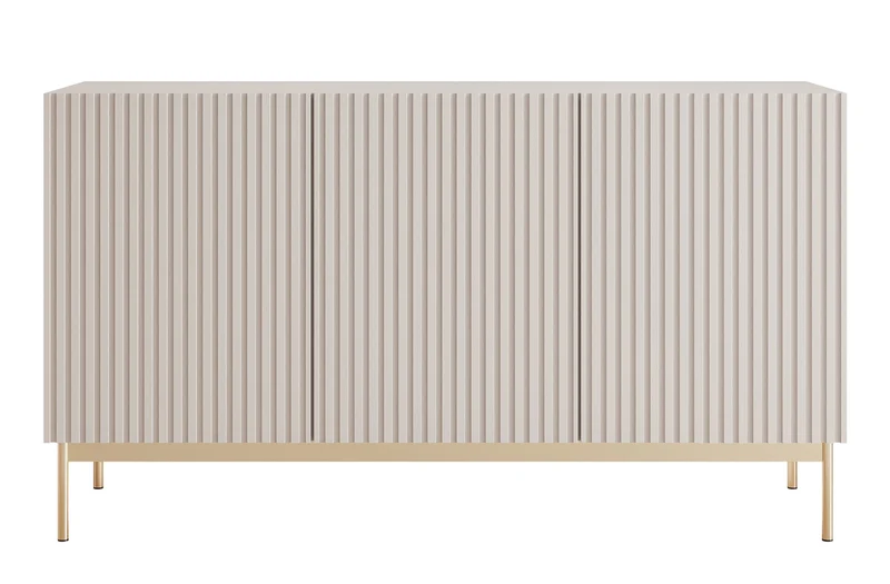 Drehtür-Kommode Linearis mit LED-Beleuchtung, 138 cm, Kaschmirfarben auf goldenen Beinen