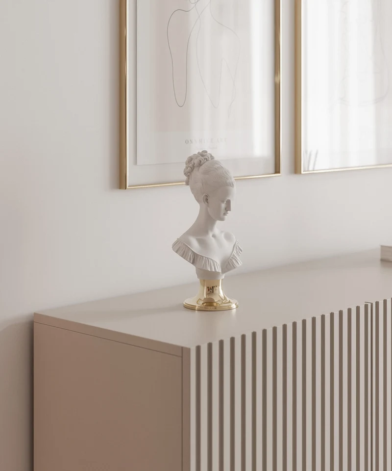 Drehtür-Kommode Linearis mit LED-Beleuchtung, 138 cm, Kaschmirfarben auf goldenen Beinen