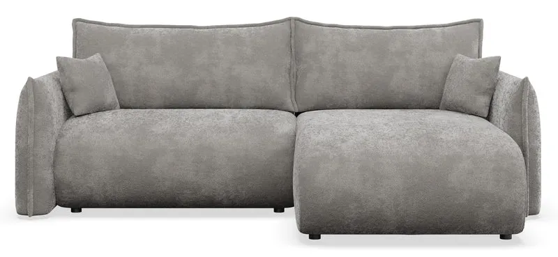 Ecksofa mit Schlaffunktion Cushi, L-förmig, rechtsseitig, mit Stauraum, grauer Chenille-Bezug
