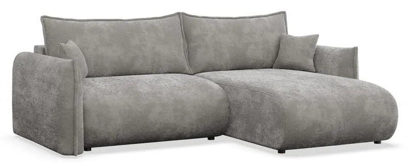 Ecksofa mit Schlaffunktion Cushi, L-förmig, rechtsseitig, mit Stauraum, grauer Chenille-Bezug