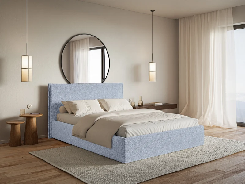 Polsterbett 140x200 cm Softie Slim mit Stauraum, hellblauer Chenillebezug, Metallrahmen
