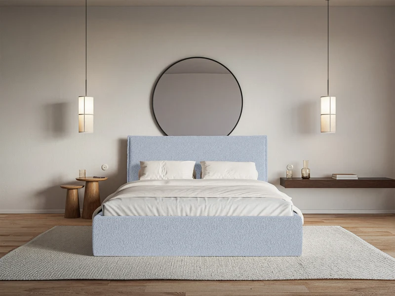 Polsterbett 140x200 cm Softie Slim mit Stauraum, hellblauer Chenillebezug, Metallrahmen