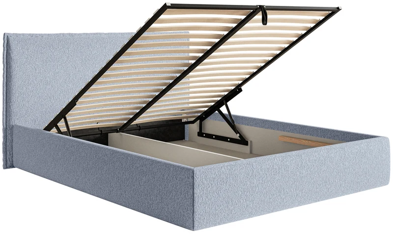 Polsterbett 140x200 cm Softie Slim mit Stauraum, hellblauer Chenillebezug, Metallrahmen