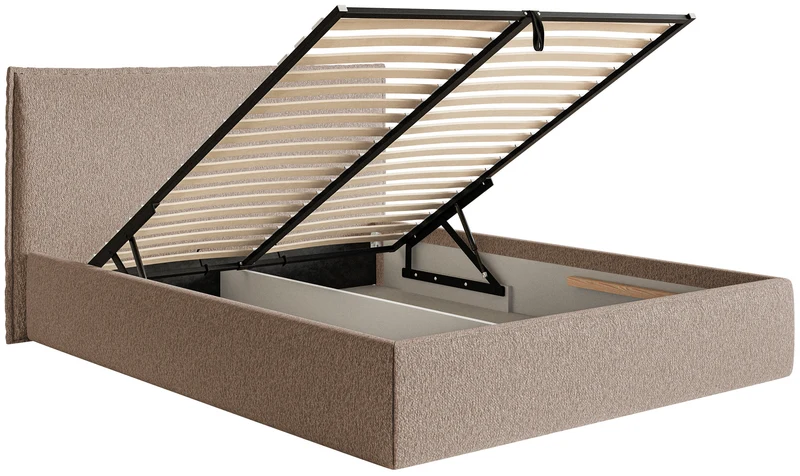 Polsterm Bett 200x200 cm Softie Slim mit Stauraum, dunkelbeiger Chenille, Metallrahmen